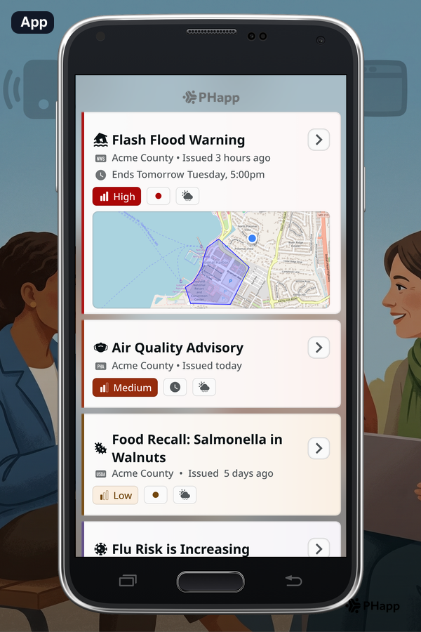 PHapp on a phone showing local weather, health, and safety alerts together in one list